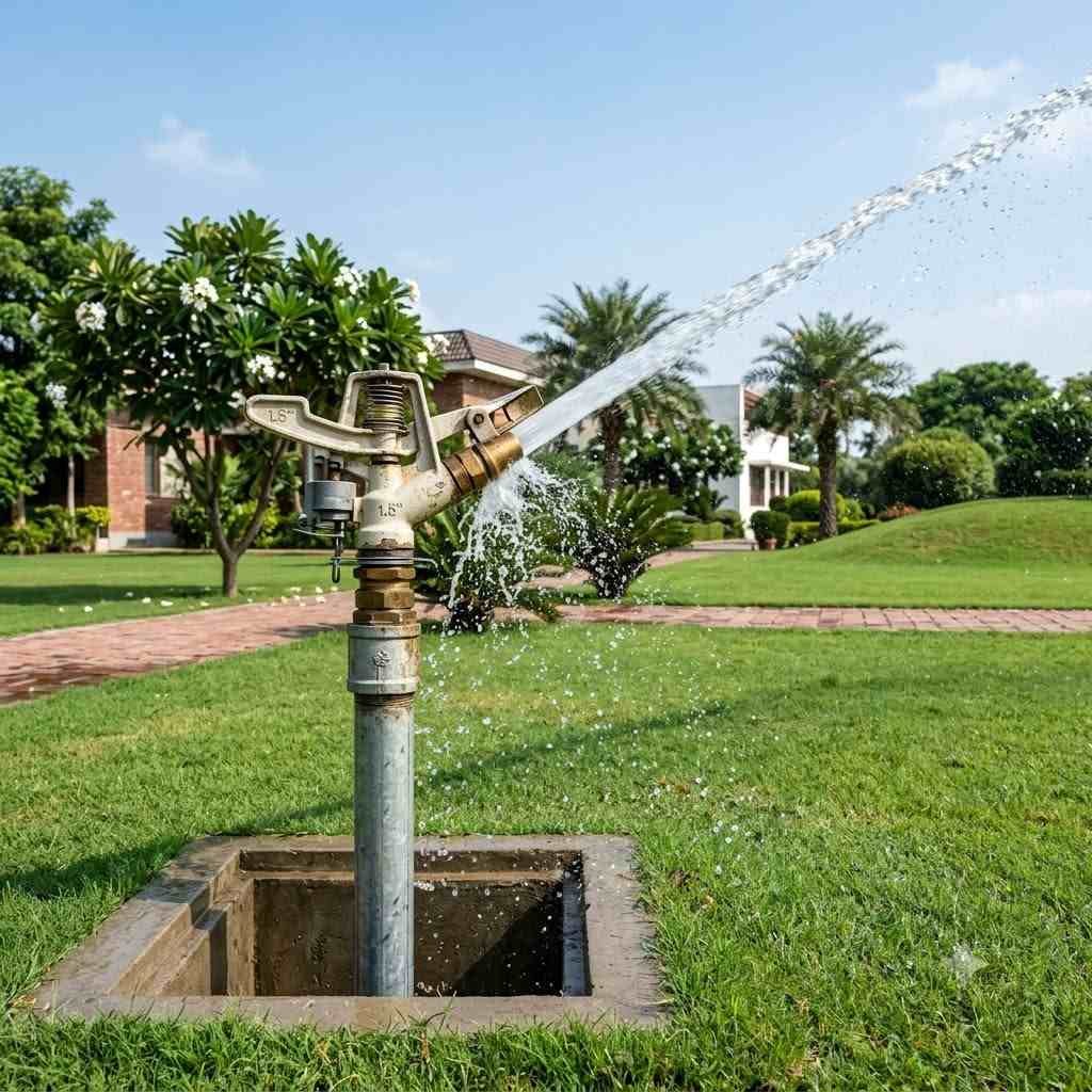 A 1.5-inch rain gun sprinkler operating in a spacious green lawn and farmhouse landscape, spraying a uniform arc of water.