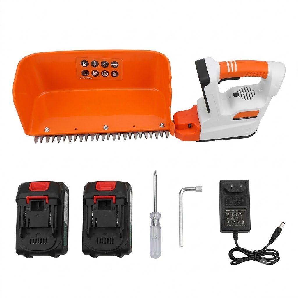 Atlas Power cordless battery tea harvester and mini grass cutter with collection tray, lithium-ion battery, and charger set on a lawn.