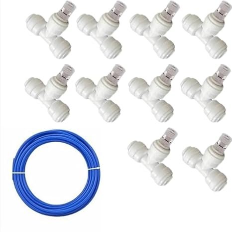 10 Fogger with T – 10M Misting System for Outdoor Cooling, Includes Tee Connectors, Brass Nozzles & Hose for Garden, Patio, Greenhouse product image