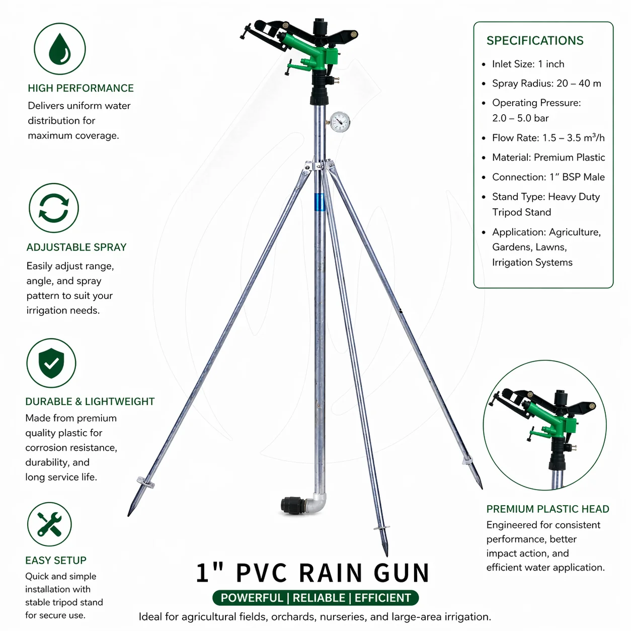 1 Inch Premium PVC Rain Gun With Stand | 160 Ft Diameter Coverage product image