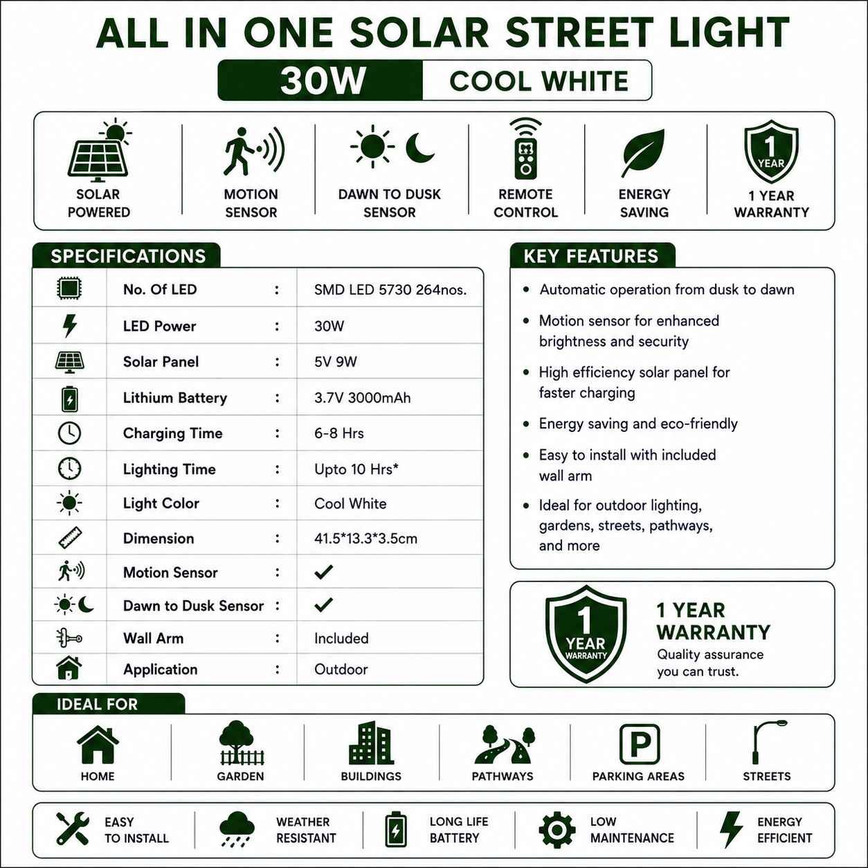 🌞 30W Solar All In One Street Light (264 LED) – Cool White thumbnail