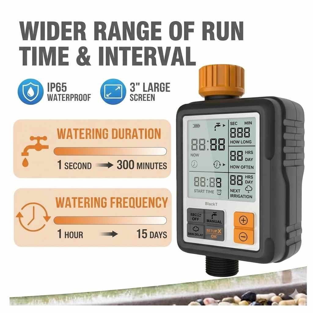 Automatic Digital Water Timer - Programmable Garden Hose Faucet Controller for Irrigation & Misting, Featuring Large LCD Display thumbnail