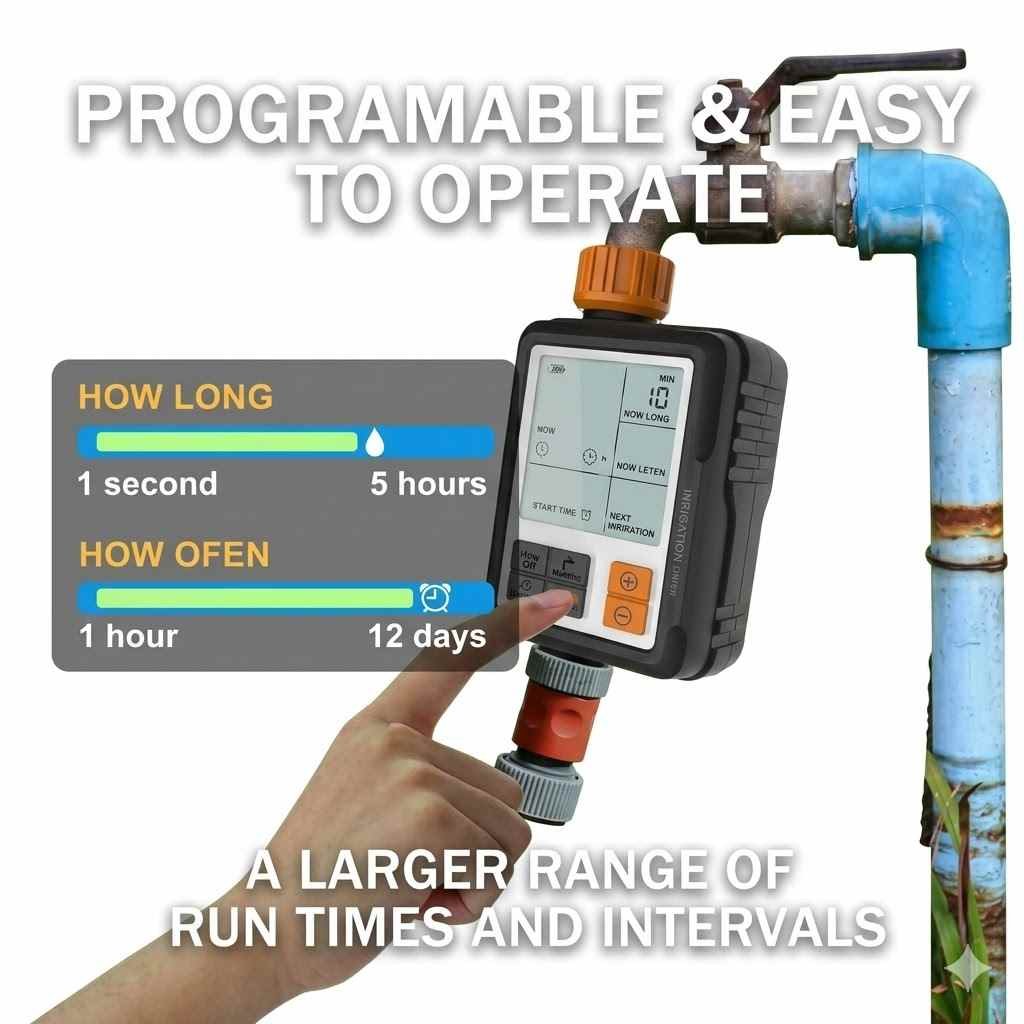 Automatic Digital Water Timer - Programmable Garden Hose Faucet Controller for Irrigation & Misting, Featuring Large LCD Display thumbnail