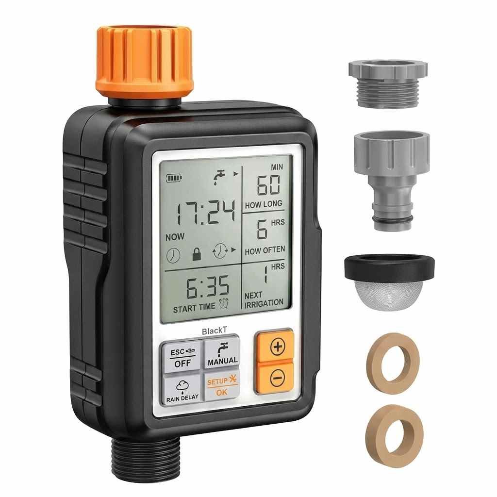 Automatic Digital Water Timer - Programmable Garden Hose Faucet Controller for Irrigation & Misting, Featuring Large LCD Display product image