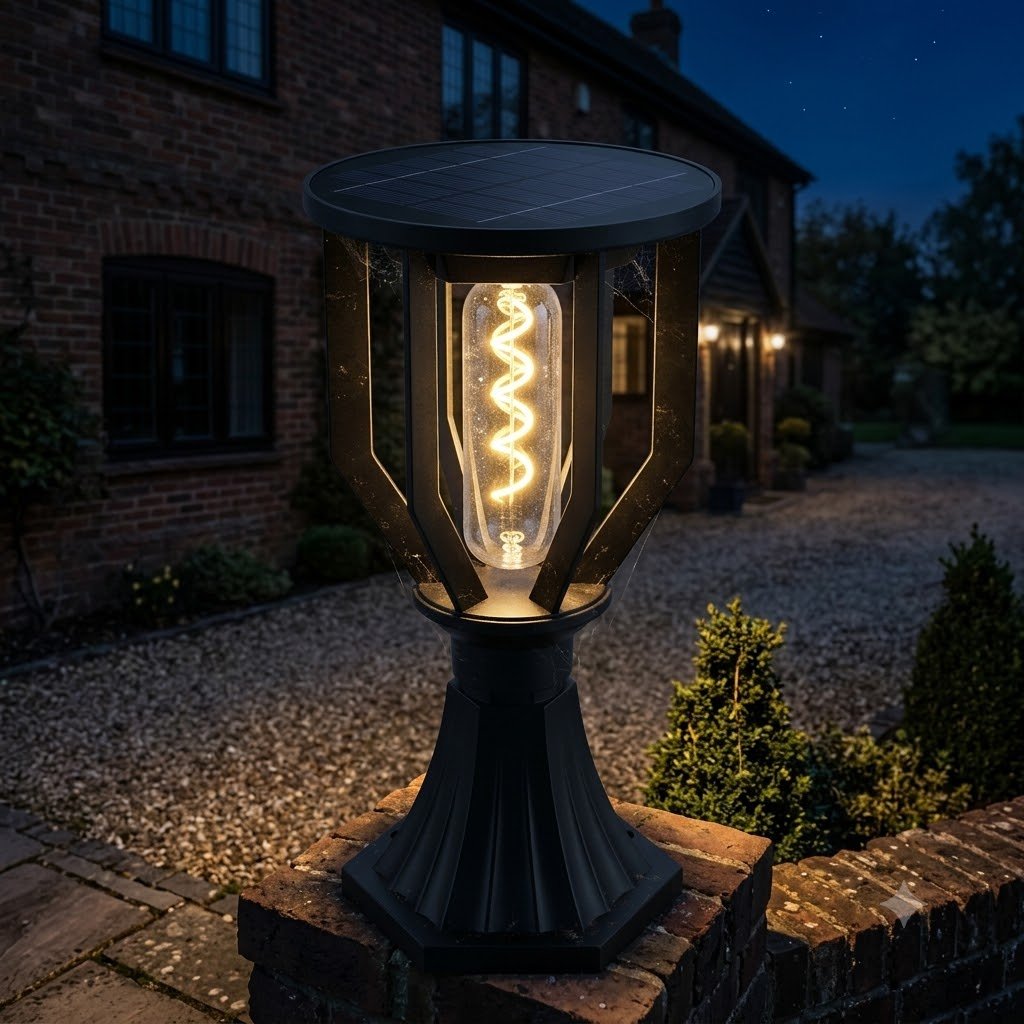 Solar Spiral LED Pillar Light – Vintage Tungsten Warm White, IP65 Waterproof Outdoor Gate & Garden Lamp product image