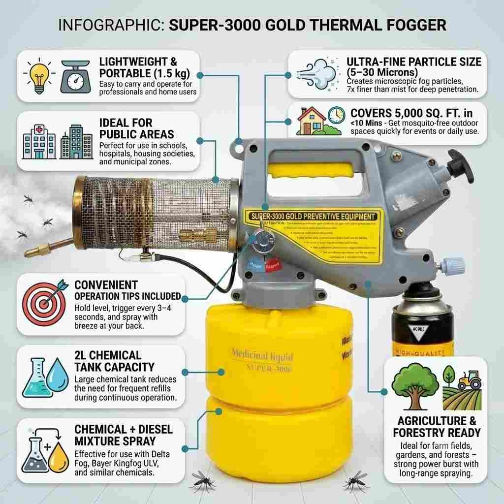Lightweight 1.5kg Super-3000 Gold thermal fogger with 2L yellow chemical tank thumbnail