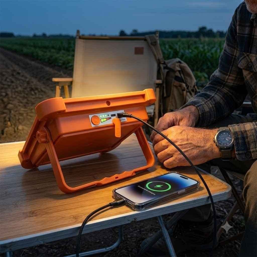 60W Portable Solar LED Flood Light with Magnetic Base & 3 Color Modes with power bank Orange model thumbnail